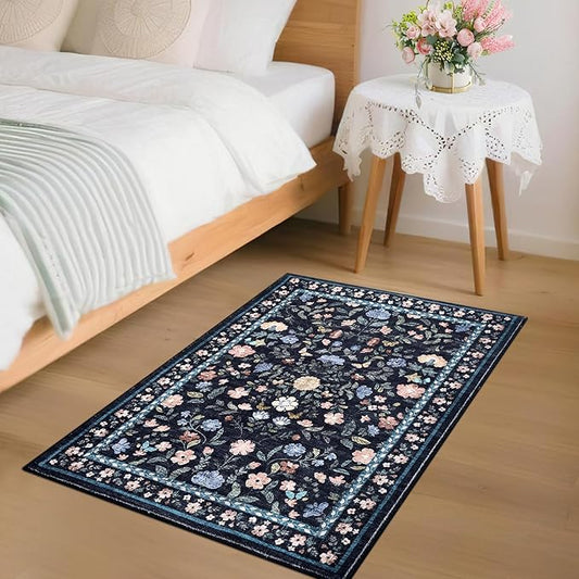 GarveeHome 2x3 Floral Rugs for Entryway, Non-Slip Soft Vintage Throw Door Mat, Low Pile Foldable Farmhouse Carpet, Non-Shedding Indoor Washable Small Rug for Bedroom, Dark Grey Blue