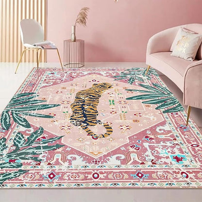 Pink Rug 4x6 Oriental Washable Non-Slip Tiger Rug Ultra Soft Vintage Print Tropical Carpet for Living Dining Playroom Nursery Camper