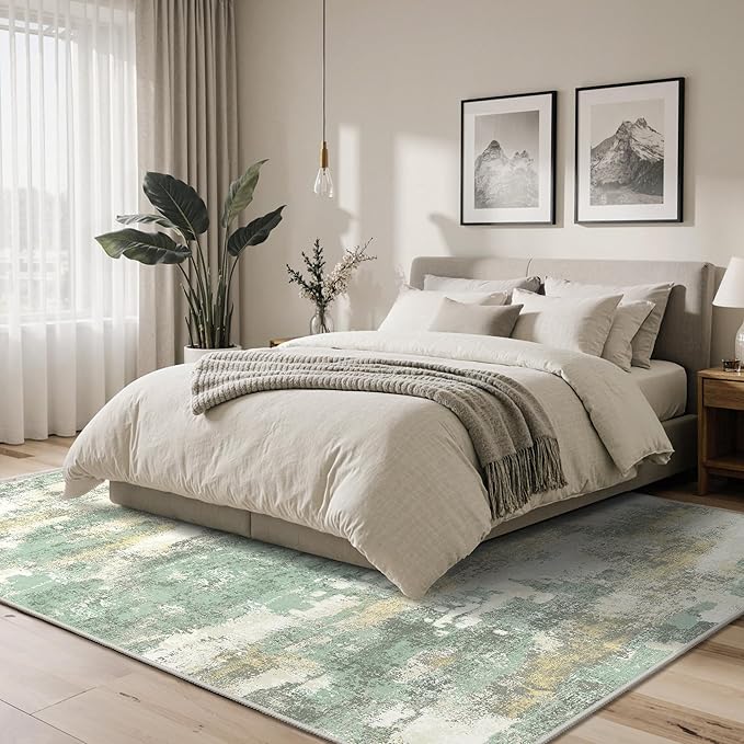 GENIMO Abstract Area Rug 5x7, Washable Modern Rug Non Slip, Low Pile Lightweight Soft Large Carpet for Living Room, Bedroom, Dining Room, Light Green