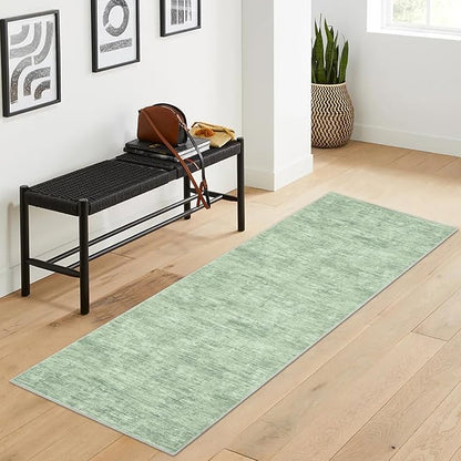 RUGSREAL 2x6 Runner Rug Washable Kitchen Runner Rug Modern Abstract Area Rug for Hallway Contemporary Solid Mat Non-Slip Foldable Aesthetic Accent Floor Carpet for Living Room Bedroom, Green