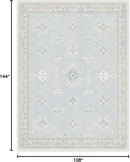 RUGGABLE Washable Vintage Area Rug – Verena Soft Blue 9x12, Stain-Resistant, Non-Slip – Large Machine Washable Rugs for Living Room, Bedroom, Hallway, Entryway & Office–with Standard Pad