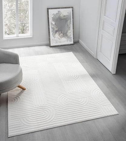 Annabel Modern Geometric Area Rug for Living Room, 4x6 Contemporary Arched Linear Cream Neutral Rug, Stain Resistant Non-Shedding Carpet for Bedroom, Dining Room or Kitchen (4' x 6', Cream)