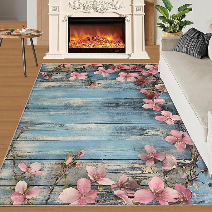6x9 Vines Living Room Rug - Vintage Wood Panels Bedroom Carpet, Rural Flowers Classroom Rug for Carpet Boy Bedroom Office Nursery Hardwood Home Decor