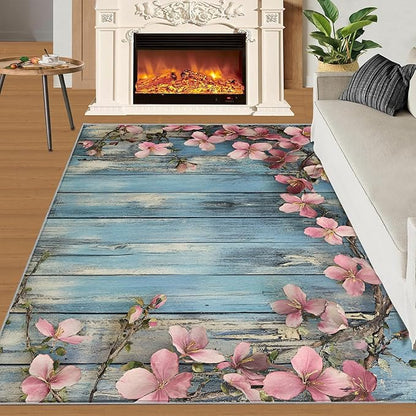 8x10 Vines Rugs for Living Room - Vintage Wood Panels Large Area Rug, Rural Flowers Modern Boy Nursery Rug Soft Washable for Classroom Office Bedroom Kids Room