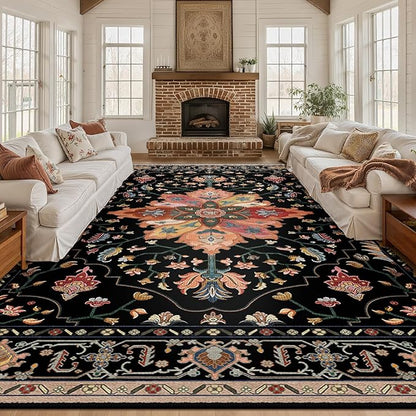 Area Rugs 10'x12' Washable Non-Slip, Floral Vintage Distress Print Pattern Medallion Carpet for Living Room Bedroom Dining Room, Black Colorful Floral Dark Tan