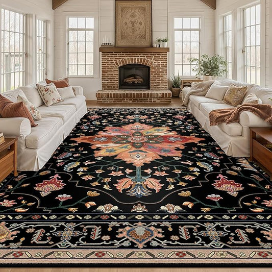 Area Rugs 10'x12' Washable Non-Slip, Floral Vintage Distress Print Pattern Medallion Carpet for Living Room Bedroom Dining Room, Black Colorful Floral Dark Tan