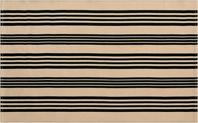 Black and Khaki Striped Rugs 3x5, Outdoor Cotton Hand Woven Front Door Mat,Washable Reversible Layered Door Mats, Foldable Front Porch Rug for Entryway/Home Entrance/Farmhouse