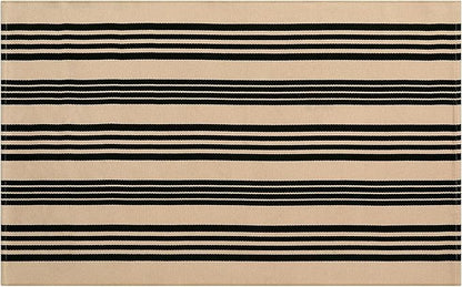 Black and Khaki Striped Rugs 3x5, Outdoor Cotton Hand Woven Front Door Mat,Washable Reversible Layered Door Mats, Foldable Front Porch Rug for Entryway/Home Entrance/Farmhouse