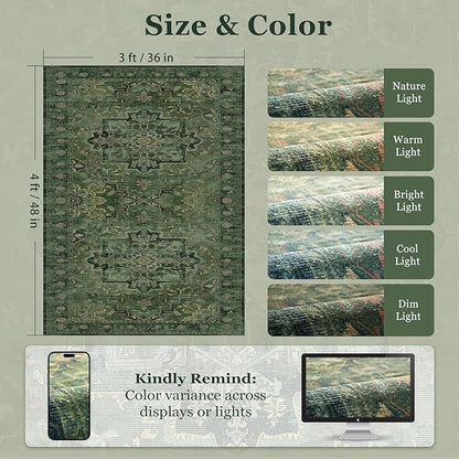 Dark Green 3x4 Rugs for Entryway Indoor, Distressed Medallion Door Mat Indoor Entrance, Washable Non Slip Low Pile Thin Small Carpet Rug for Kitchen/Bedroom/Bathroom/Laundry Room