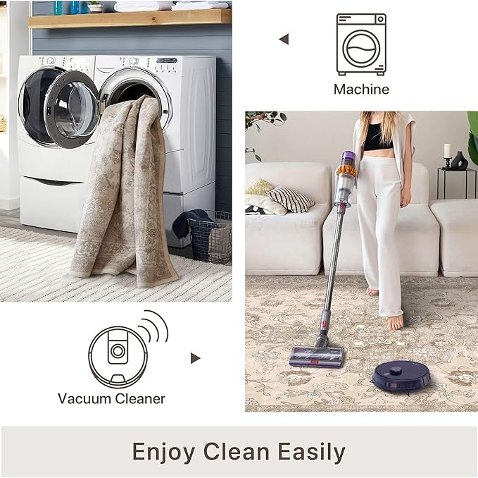 vivorug 3x5 Rug, Small Neutral Area Rug for Living Room, Bedroom, Kitchen, Machine Washable Non-Slip Throw Rug, Vintage Floral Carpet for Entryway Nursery Coffee Table - Durable (Beige)