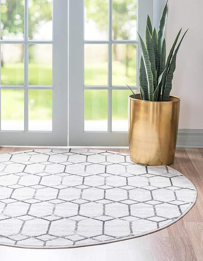Rugs.com Lattice Trellis Collection Rug – 3 Ft Round White Low-Pile Rug Perfect for Kitchens, Dining Rooms