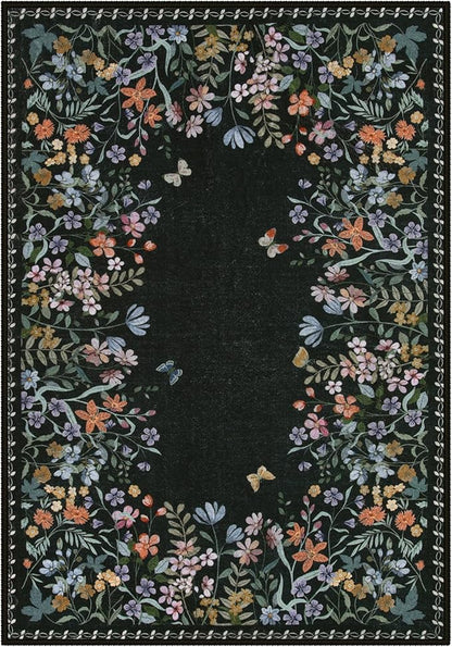 Wonnitar Washable 5x7 Rug, Black Botanical Area Rugs for Living Room, Non-Slip Soft Rug for Bedroom, Vintage Low Pile Dining Room Floral Rug Carpet for Bedside Mud Room (Black,5'x7')