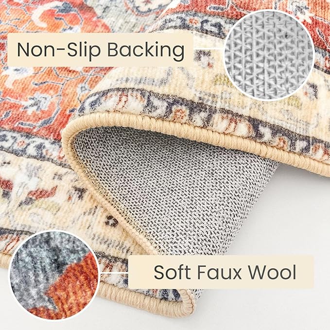KOZYFLY Boho Area Rug 9x12 Ft Thin Rugs for Living Room Washable Bedroom Rug Non Slip Rugs for Living Room Rust/Orange/Blue Printed Faux Wool Vintage Bedroom Rug Floor Carpet for Dining Room