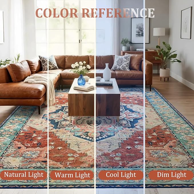 Large Area Rugs 9x12, Low Pile Washable Rugs - Soft Vintage Distressed Rugs for Living Room Bedroom, Office, Dining Room, Water Repellent & Non Shedding, Terracotta
