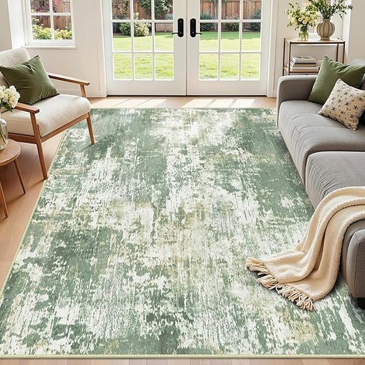 Washable Area Rugs 5'x7' Non-Slip Modern Abstract Soft for Living Room Entryway Bedroom Nursery, Print Pattern, Light Green/Yellow