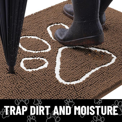 Smiry Dog Door Mat for Muddy Paws, Absorbent Dirt Trapper Non Slip Quick Dry Washable Chenille Mat for Mud Dogs, Entry Rug for Indoor and Outdoor (30x20 Inches, Coffee and White)