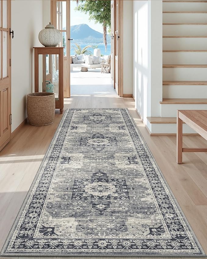 DEXI Hallway Runner Rug 3x7, Distressed Non Slip Runners Carpet, Boho Vintage Soft Thin Indoor Rug, Stain Resistant Washable Entry Mat for Entryway Kitchen Laundry Room Living Room, Blue Grey