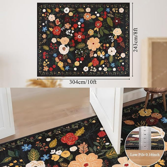 U'Artlines 8x10ft Vintage Floral Area Rug Machine Washable Ultra Soft Low Pile Non Slip Non Shedding Accent Floor Carpet for Living Room, Bedroom, Dining Room, Office (Black Green)