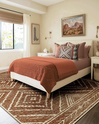 Area Rug 10x14 Rug Machine Washable Non-Slip Low Pile Print Pattern Western Rug for Living Room Bedroom Entryway Tribal Series -Yellowbrown/Cream