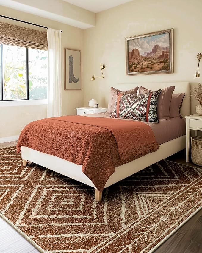 Area Rug 7x9 Rug Machine Washable Non-Slip Low Pile Print Pattern Western Rug for Living Room Bedroom Entryway Tribal Series-Yellowbrown/Cream