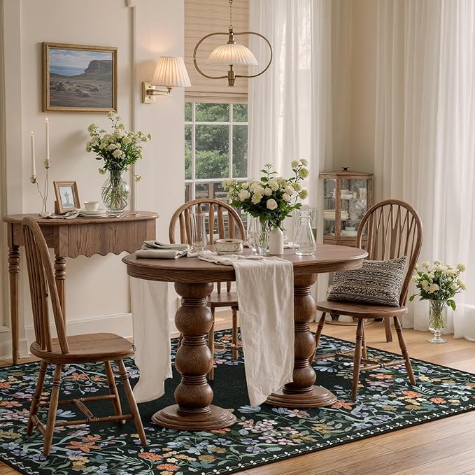 Wonnitar Washable 4x6 Rug, Black Floral Print Area Rugs for Living Room, Non-Slip Soft Rug for Bedroom, Vintage Low Pile Dining Room, Botanical Carpet for Bedside Mud Room (Black,4'x6')