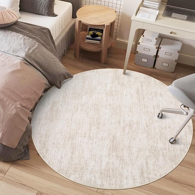 RUGSREAL Washable Round Rug 4x4 ft for Living Room Modern Round Rug Small Bedside Carpet with Rubber Backing Stain Resistant Small Entry Mat Neutral Circle Rug for Bedroom Nursery Home Decor, Beige