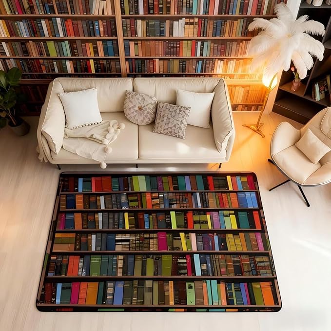 Books Large Area Rug 5x7 Rainbow Bookshelf Living Room Rug | Watercolor Book Shelf Rugs for Bedroom, Bookcase Bookrack Carpet Indoor Floor Mat