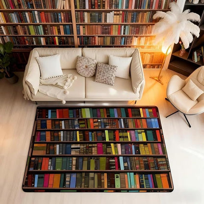 Books Area Rug 3x5 Rainbow Bookshelf Rugs for Living Room | Watercolor Book Shelf Washable Rug, Bookcase Bookrack Carpet Indoor Floor Mat