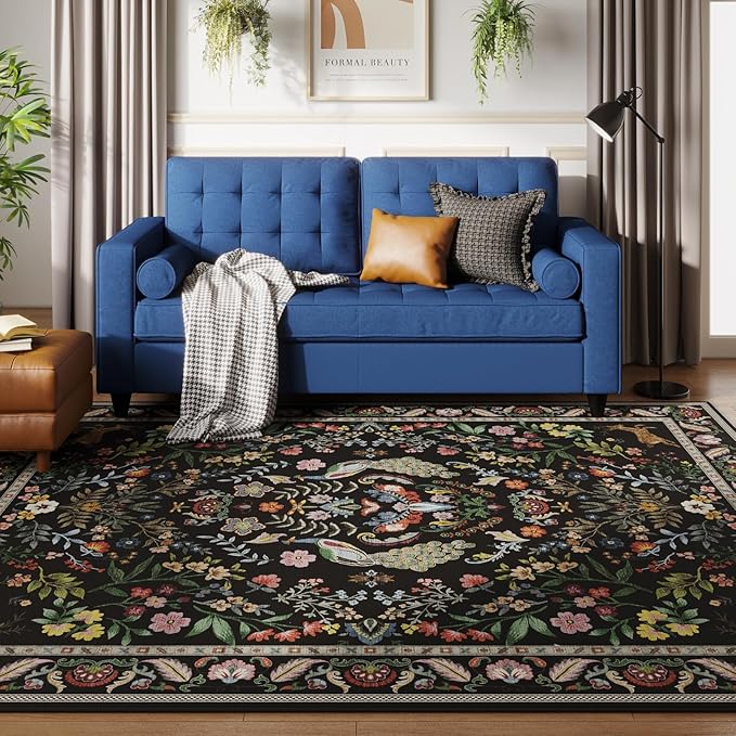 8x10 Area Rugs for Living Room Washable Rug Floral Non-Slip Large Rug for Living Room, Bedroom, Farmhouse, Dining Room, Kids Playroom (Vibrant Black)