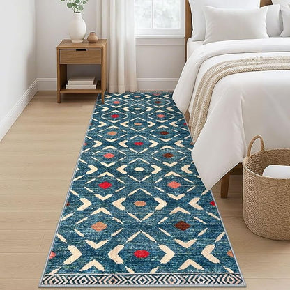 KILOCOCO Hallway Runner Rug 3x8 Runners for Hallways Washable Runner Soft Non Slip Printed Geometric Rubber Backed Low-Pile Rug Runners for Bedroom Kitchen Living Room Boho Rugs, Teal/Blue