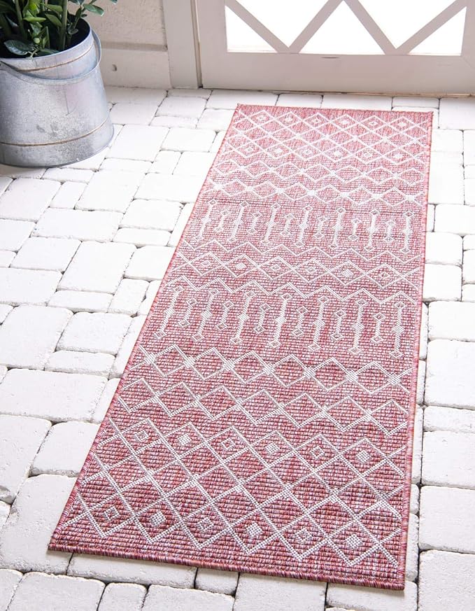 Unique Loom Outdoor Trellis Collection Area Rug - Tribal Trellis (2' x 6' 1" Runner, Rust Red/ Ivory)