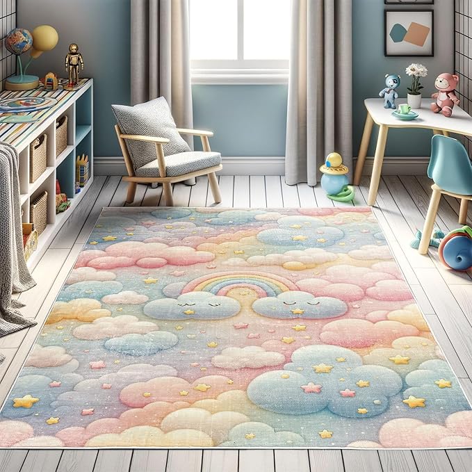 Ambesonne Cartoon Sky Decorative Rug, Dreamy Colors Celestial Atmosphere with Starry Kawaii Clouds Rainbow, Quality Carpet for Bedroom Dorm and Living Room, 5' 1" X 7' 5", Blush Mustard Blue