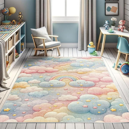 Ambesonne Cartoon Sky Decorative Rug, Dreamy Colors Celestial Atmosphere with Starry Kawaii Clouds Rainbow, Quality Carpet for Bedroom Dorm and Living Room, 5' 1" X 7' 5", Blush Mustard Blue