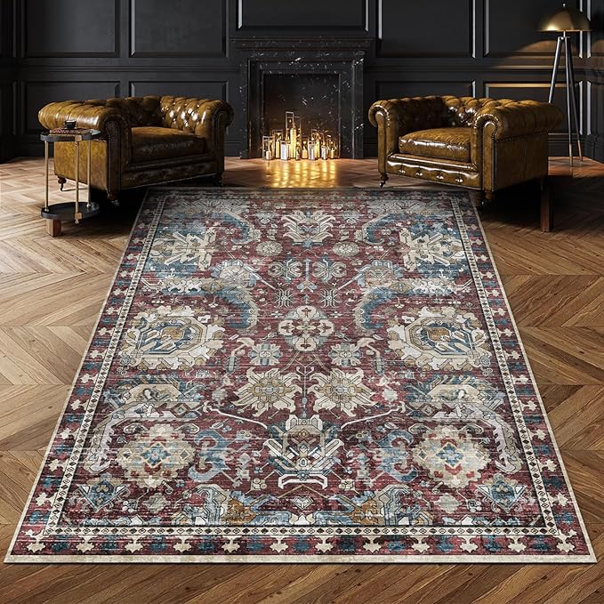 RUGSURE Washable Area Rugs - Perfect for Living Room, Bedroom, Kids Room, Nursery - Stain & Water Resistant Non-Slip, Pet & Child Friendly, Vintage Tribal Area Rugs (Burgundy and Blue, 3' x 5 ')