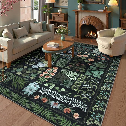 Boho Washable Living Room Bedroom Area Rug 8x10 Under Bed, Floral Large Living Dining Room Area Rugs for Under Table, Non Slip Botanical Indoor Carpet for Home Office Playroom (Black,8 x 10)