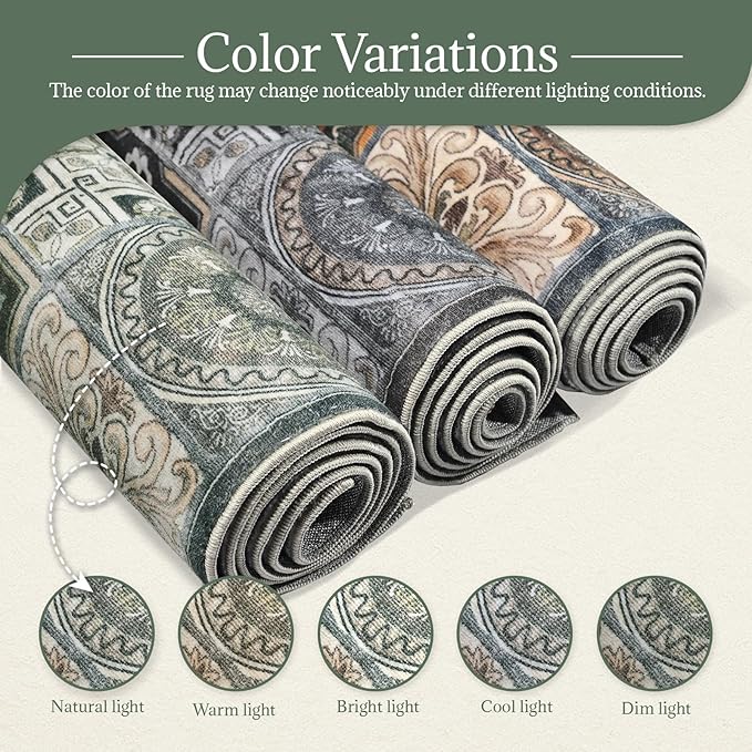 Washable Entryway Rug 3'x5 Non-Slip Backing Vintage Indoor Rug Low Pile Lighrweight Carpet for High-Traffic Indoor Entrance & Kitchen