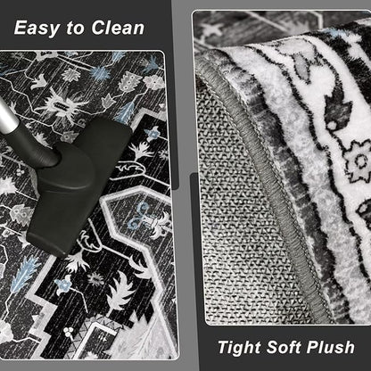 5x7 Black Grey Area Rug for Living Room, Machine Washable Rugs with Non-Slip Backing for Bedroom, Vintage Medallion Carpet Dining Room Office Kids Room Decor