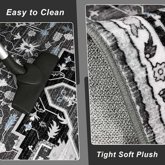 4x6 Black Grey Area Rug for Living Room, Machine Washable Rugs with Non-Slip Backing for Bedroom, Vintage Medallion Carpet Kitchen Laundry Kids Room Decor