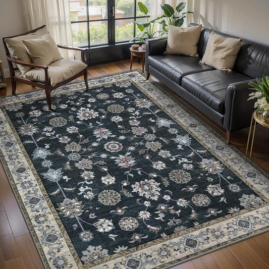 Tangsoo Black 3x5 Rug, Washable Vintage Rugs Indoor Area Rug, Non Slip Accent Rug,Floral Print Carpet, Soft Low Pile Rug for Living Room Dorm Bedroom Bedside Entryway Bathroom