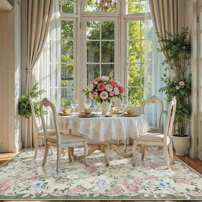 Lahome Floral Washable 5x7 Rug, Boho Area Rug for Bedroom,Vintage Living Room Rugs Non Slip Low Pile Ultra-Thin Large Carpet for Farmhouse,Dining Room,Kids Playroom(5'X7',Cream/Green)