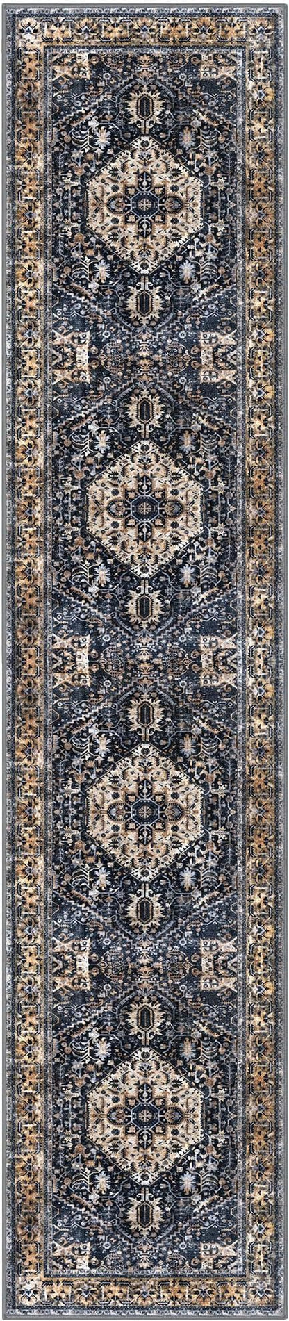 KOZYFLY Runners for Hallways 3x12 Ft Extra Long Washable Kitchen Thin Runner Boho Runner Rug for Entryway Indoor Printed Faux Wool Stair Runner Floor Carpet for Stair Kitchen Hall, Gold/Navy