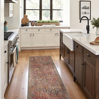 2x10 Runner Rug Machine Washable Boho Runners for Hallway,Ultra-Thin Low Pile Rug,Lightweight Indoor Carpet,Non Slip Floral Runners for Enrtyway, Corridor, Home Office, Kitchen,Burgundy Red