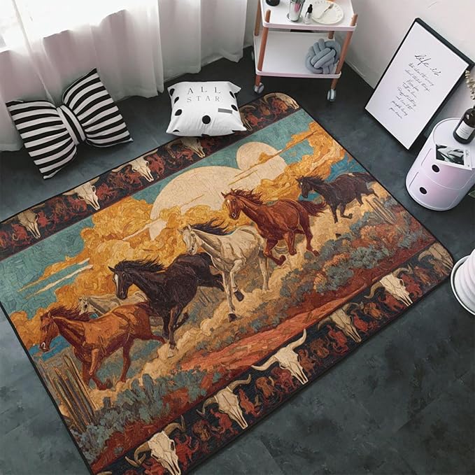 Horse Western Boho Ethnic Style Area Rug Washable Outdoor Rugs Anti-Slip Soft Carpet Entryway Indoor Door Mat for Bedroom,Living Room,Porch,Terrace and Entrance Decor 8'x 5'