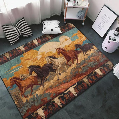 Horse Western Boho Ethnic Style Area Rug Washable Outdoor Rugs Anti-Slip Soft Carpet Entryway Indoor Door Mat for Bedroom,Living Room,Porch,Terrace and Entrance Decor 6'x 4'