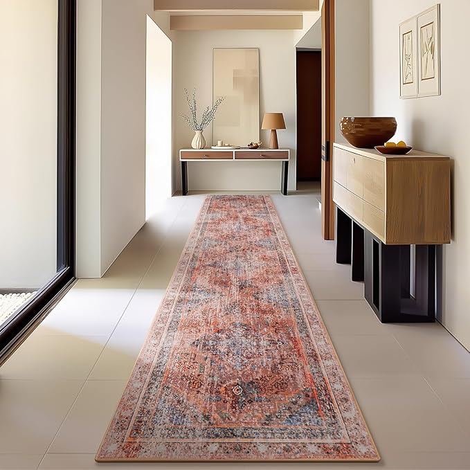 Phantoscope Washable Runner Rug 2'x10' Non-Slip, Vintage Neutral Fall Hallway Rugs for Entryway, Stair, Bedroom, Distressed Boho Medallion Pattern, Low-Pile Foldable Floor Carpet, Rust Orange