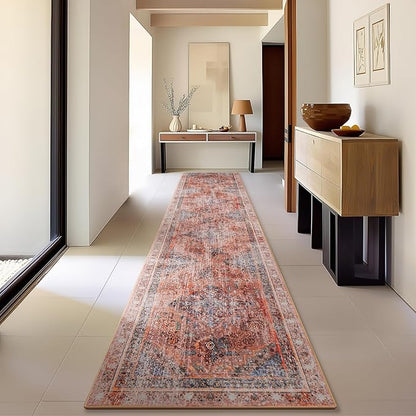 Phantoscope Washable Runner Rug 2'x10' Non-Slip, Vintage Neutral Fall Hallway Rugs for Entryway, Stair, Bedroom, Distressed Boho Medallion Pattern, Low-Pile Foldable Floor Carpet, Rust Orange