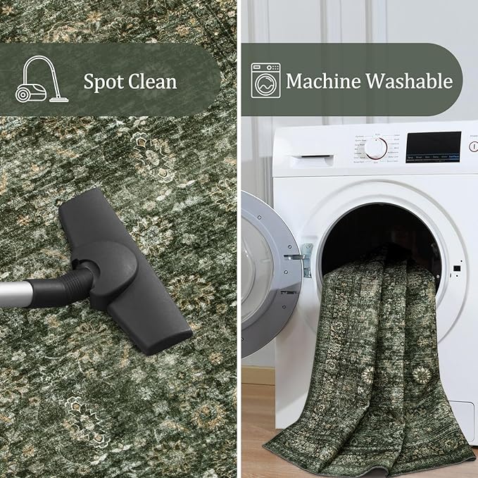 Morebes Vintage Dark Green Living Room Rug, 9x12 Area Rug Large Washable Rugs for Bedroom, Soft Dining Room Carpet Non-Slip Non-Shedding Throw Rug for Farmhouse Indoor Kids Playroom