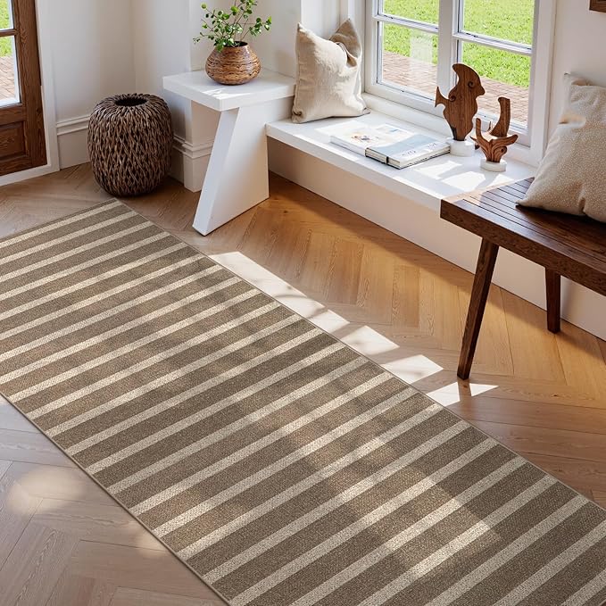 Lahome Striped Easy Jute Kitchen Runner, 2x8 Washable Indoor Outdoor Entryway Runner Rug, Farmhouse Neutral Non Slip Non Shedding Carpet for Hallway Porch Foyer, Khaki