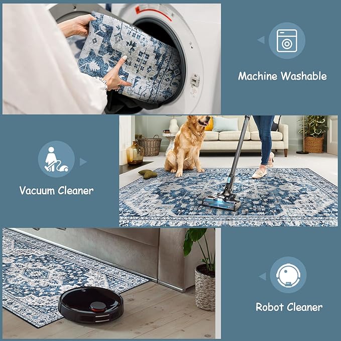Moynesa Ultra-Thin Washable Runner Rug - 2x6 Blue Laundry Room Rug Washable Kitchen Runners Bathroom Carpet Runner, Oriental Printed Pet Friendly Hallway Runners for Bedroom Entrance Entryway RV