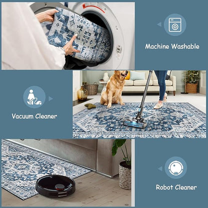 Moynesa Ultra-Thin Washable Runner Rug - 2x6 Blue Laundry Room Rug Washable Kitchen Runners Bathroom Carpet Runner, Oriental Printed Pet Friendly Hallway Runners for Bedroom Entrance Entryway RV